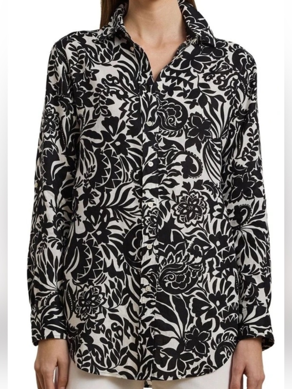 💗NWT Lauren Ralph Lauren Relaxed Fit Floral Linen Shirt Cream/Black -Size Medium